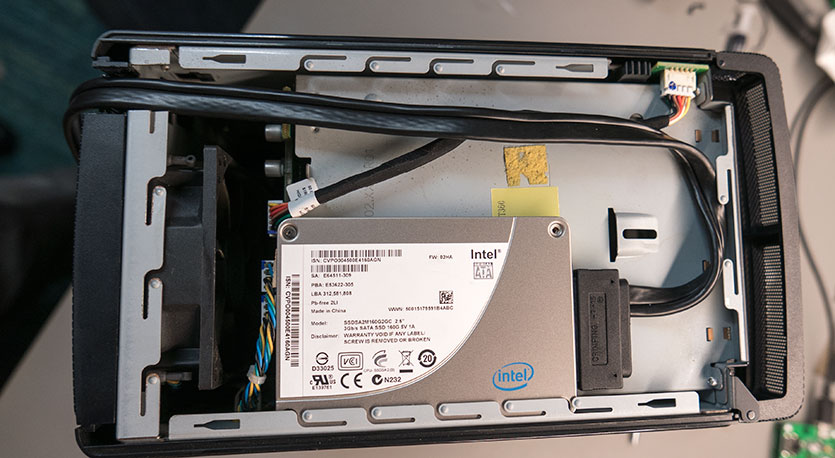 The SSD drive installed in the top of the case