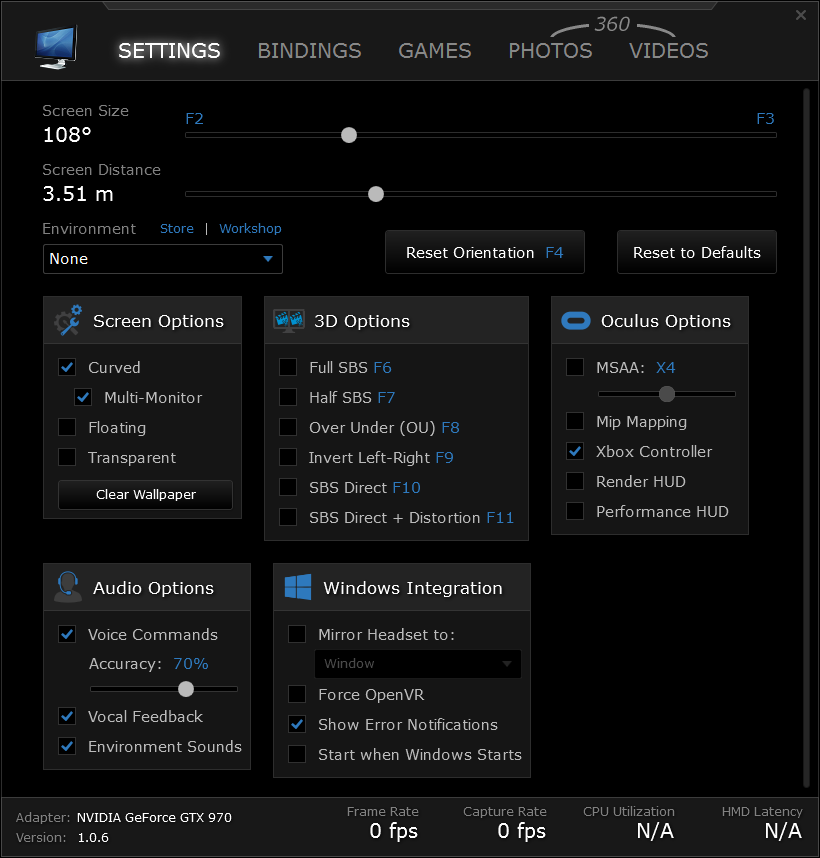 Virtual Desktop Settings screen