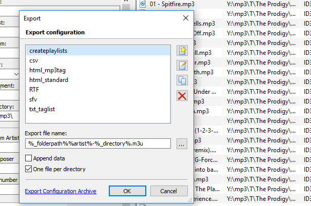 Export configuration window