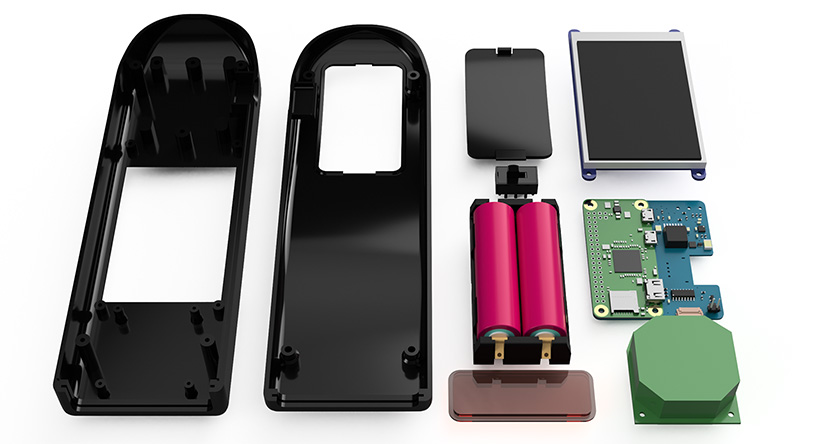 Final render of the case, battery holder, red screen, Adafruit TFT, Raspberry Pi and power board and the laser scanner module (green box)