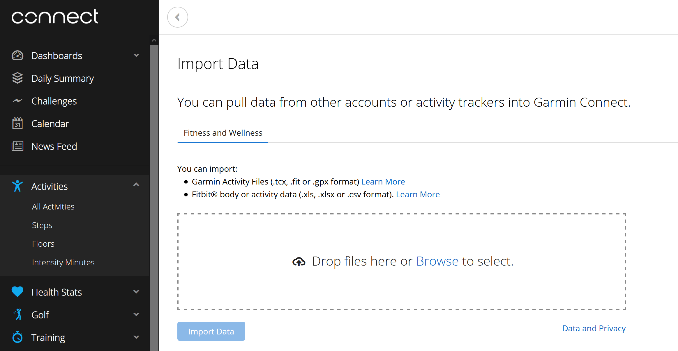 Garmin Connect Import Page