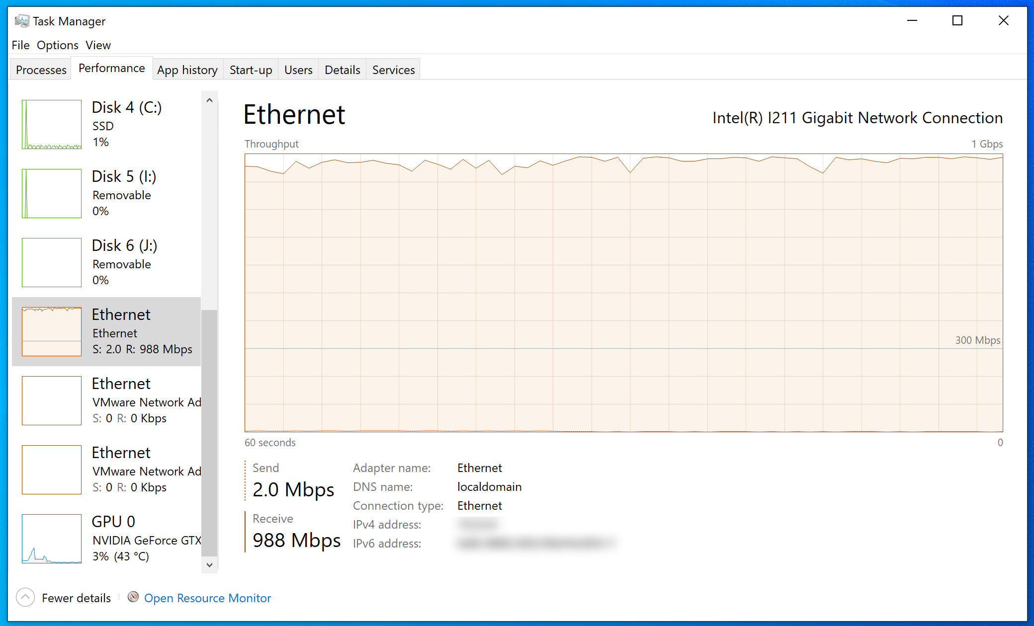 Task Manager showing 1Gb speeds