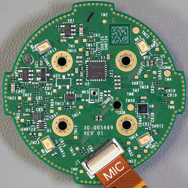 Back of the Switch PCB showing four microphones and a single ADC chip