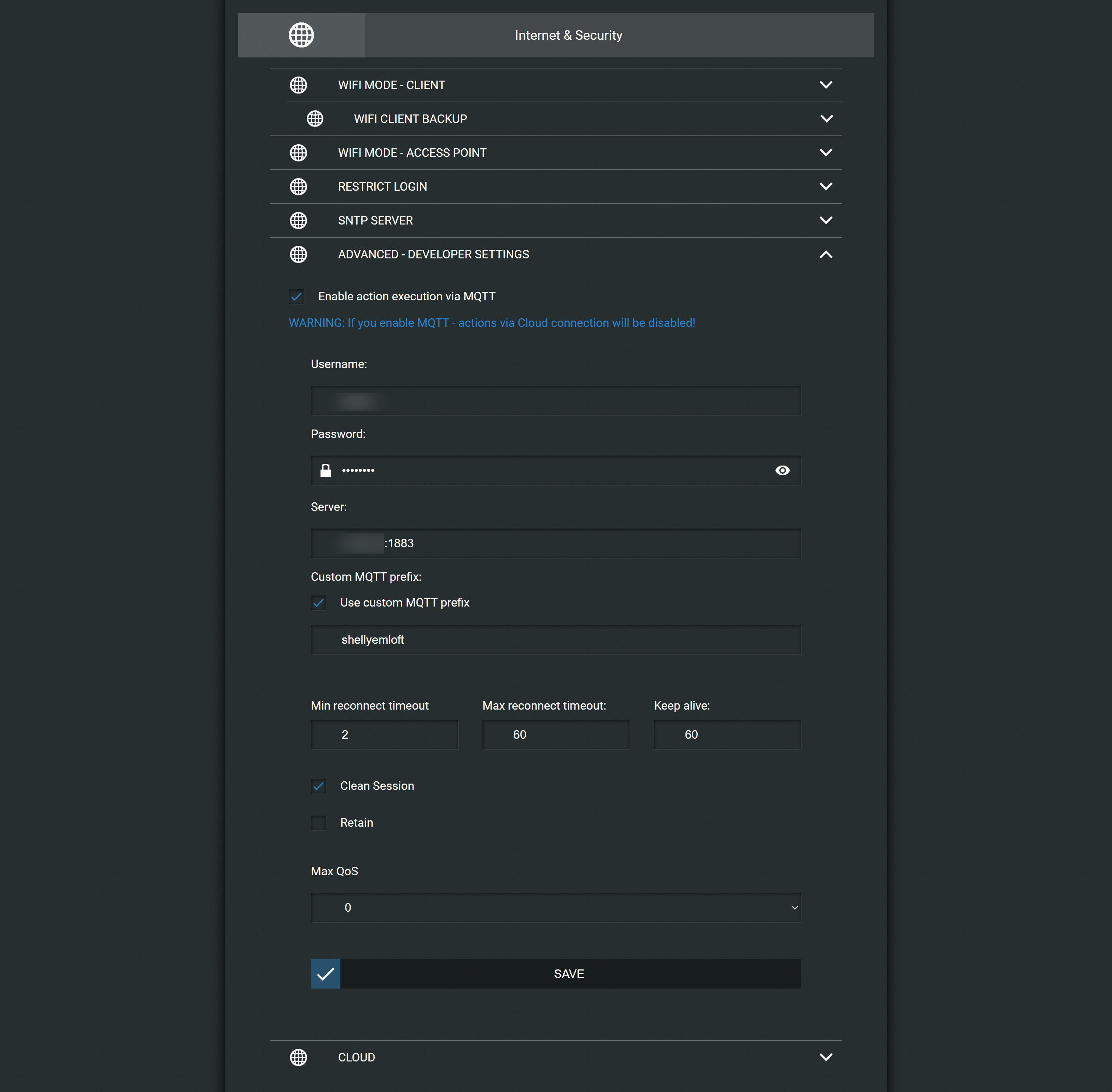 Shelly EM Internet Settings