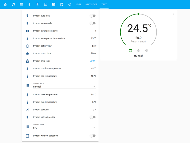 Home Assistant screen with TRV controls