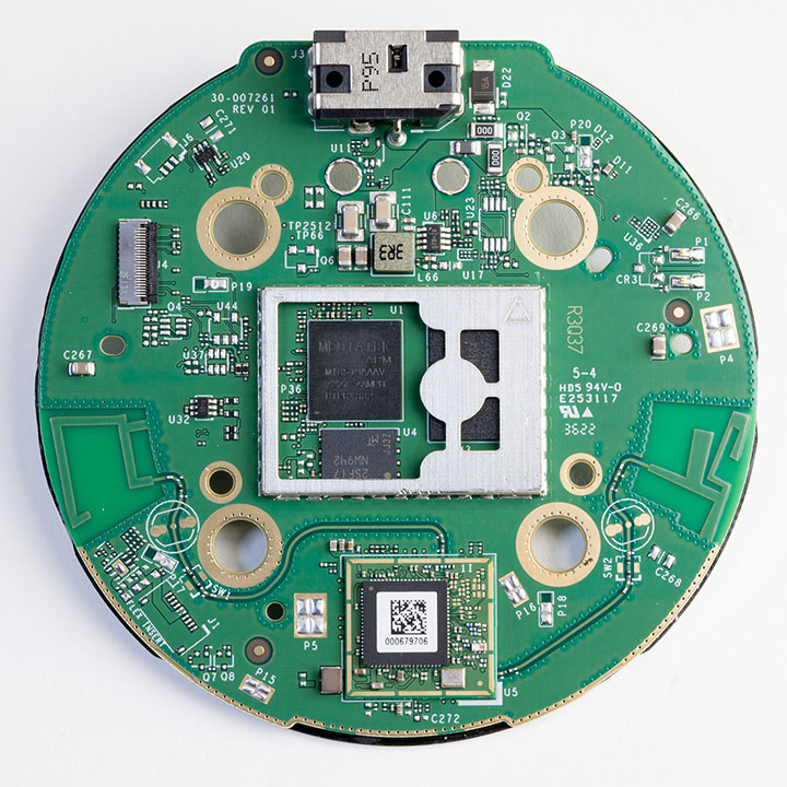 Top of the PCB with the metal shielding removed showing the main processor and ram