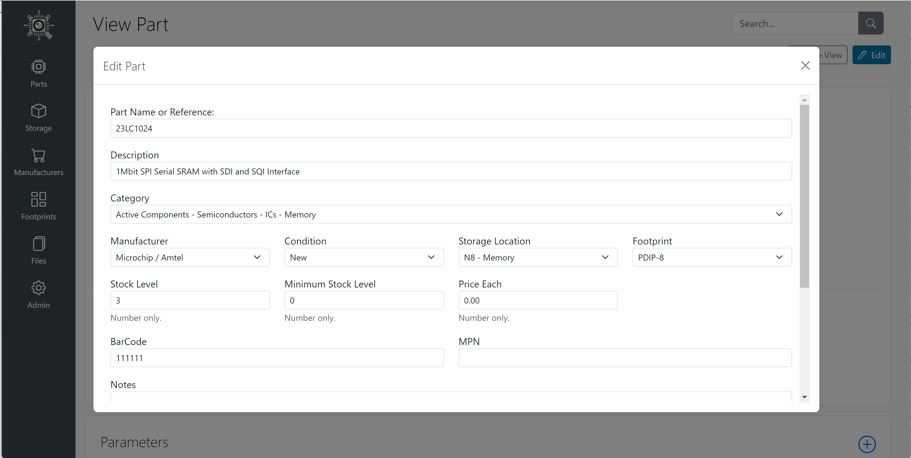 Edit Part Screen