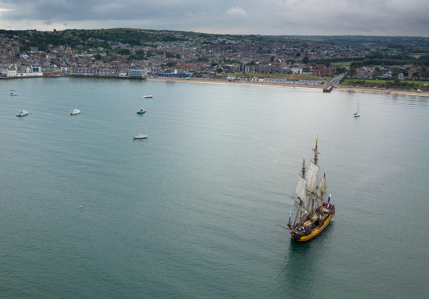 Shtandart in Swanage Bay with beach behind