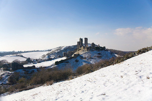 Snow covered corfe castle