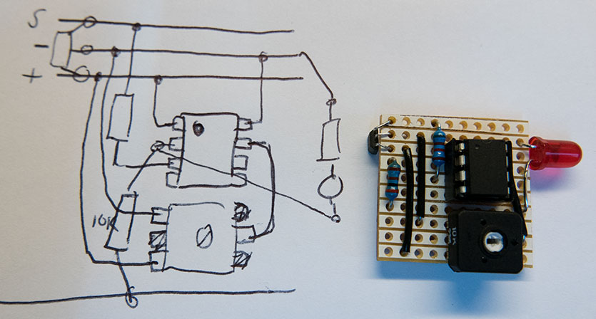 Circuit mockup and stripboard build with sensor on left side